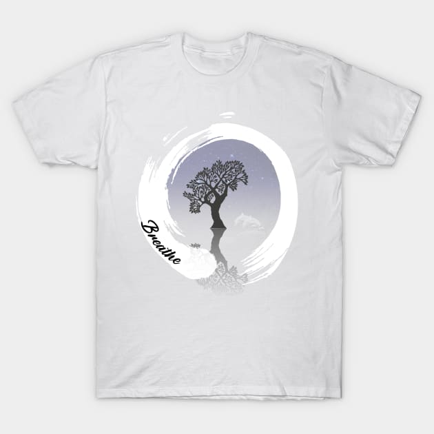 Zen like circle with tree dolphin night sky and text Breathe, yoga T-Shirt by CHNSHIRT